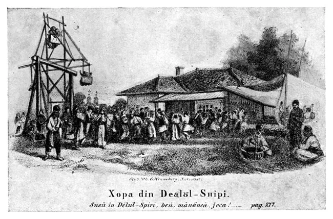 An 1857 lithograph: the hora on Spirea Hill