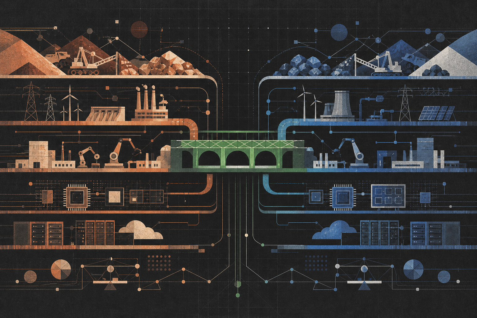 Ilustrație abstractă a două rețele industriale, una cupru și una albastră, unite printr-un pod verde.
