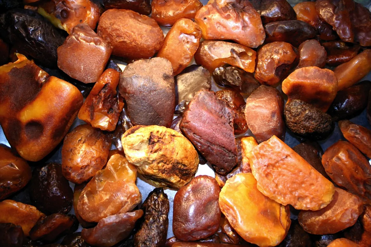 Lumps of raw amber, from yellow to dark red and black.