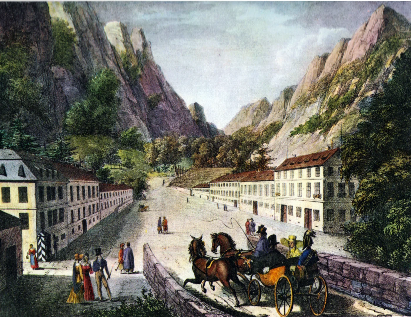 Litografie din 1824: drumul și clădirile băilor de la Herculane, în valea împădurită a Cernei