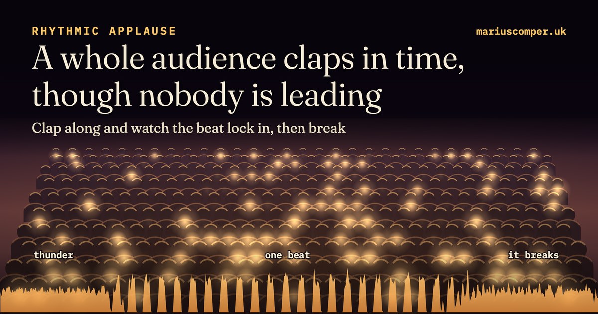 A dark theatre with hundreds of silhouettes whose hands all light up at once, and the title “Rhythmic applause”.
