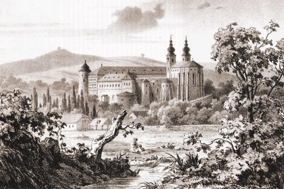 19th-century print of Garamszentbenedek abbey