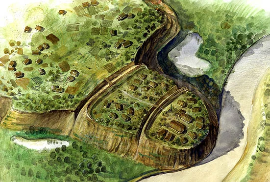 Cum și-a închipuit dava de la Popești pictorul Radu Oltean: reconstituire de artist, nu ridicare topografică. Imagine: Radu Oltean, Free Art License, la dimensiune reală.