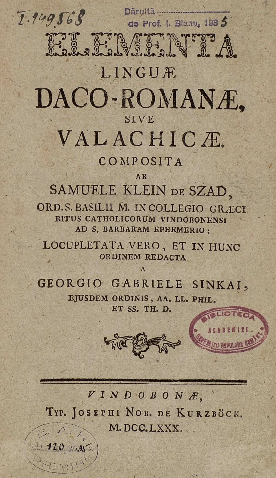 Elementa linguae daco-romanae, Vienna, 1780
