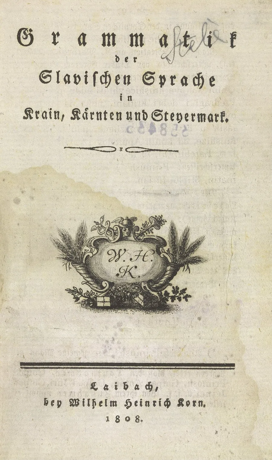 Cover of Jernej Kopitar's Slavic grammar
