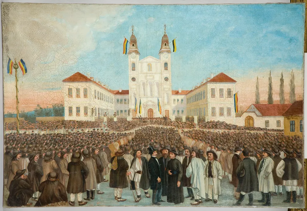 Pictură care înfățișează Adunarea Națională a românilor de pe Câmpia Libertății de la Blaj, 3/15 mai 1848, cu mulțimea în fața catedralei și steaguri tricolore.