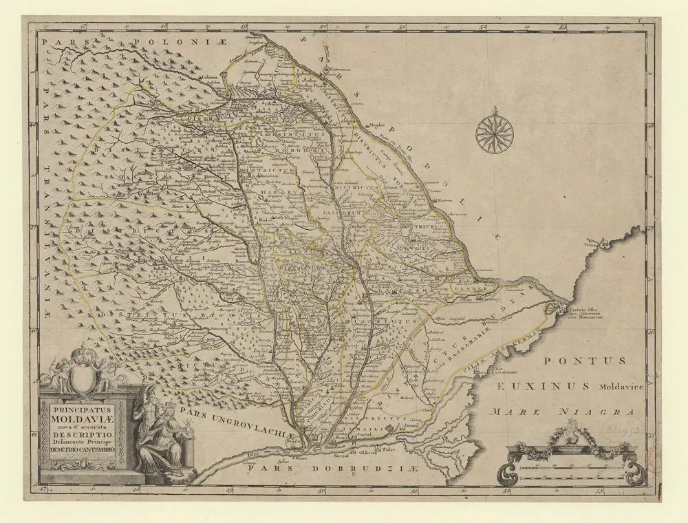 Harta Principatului Moldovei a lui Dimitrie Cantemir, întocmită pentru Descriptio Moldaviae și tipărită la Amsterdam în 1737.