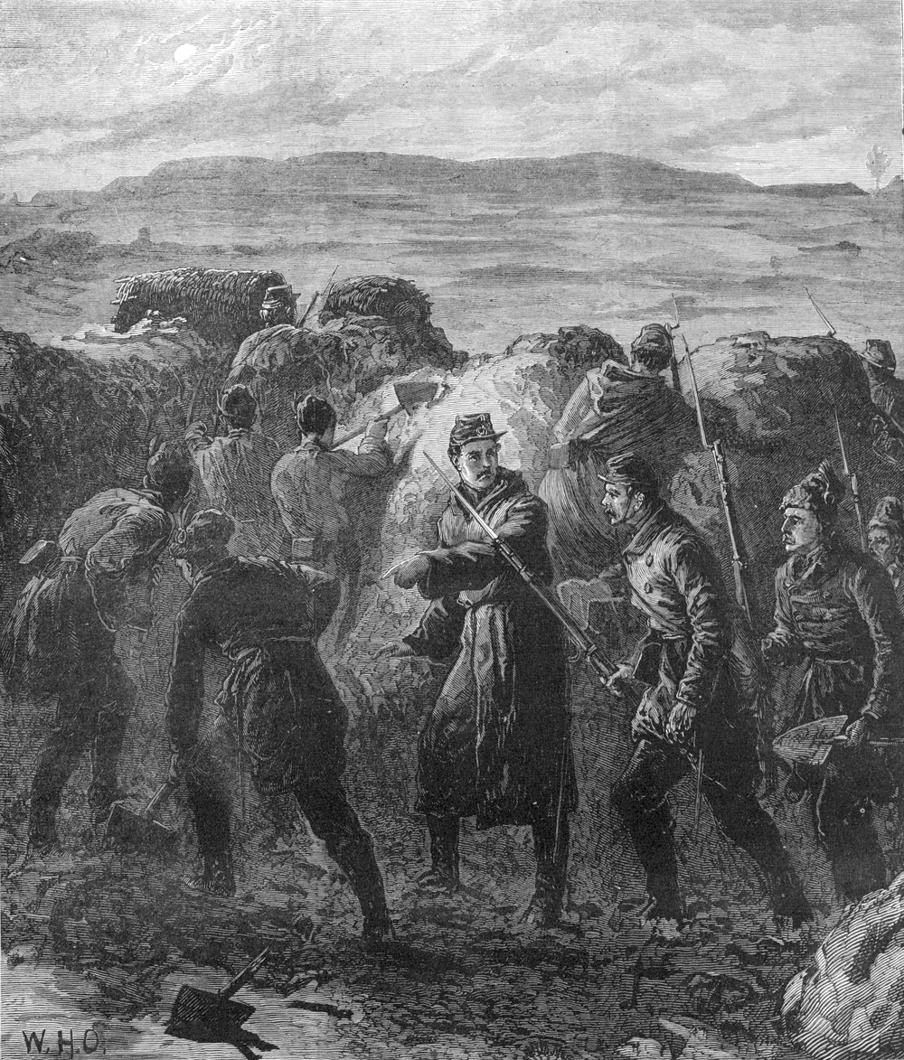 Prima pagină a Illustrated London News din 20 octombrie 1877, cu trupe române săpând tranșee spre a doua redută Grivița.