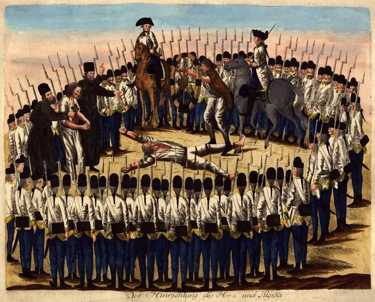 Stampă vieneză de Hieronymus Löschenkohl cu execuția lui Horea și Cloșca prin frângere cu roata, la Alba Iulia, în februarie 1785.