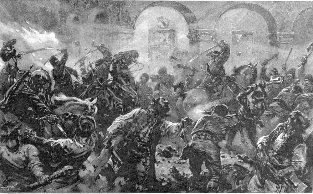 Prima pagină a Illustrated London News (6 aprilie 1907) cu o patrulă de cavalerie atacând răsculații pe străzile din Comănești, în timpul răscoalei țărănești din 1907.