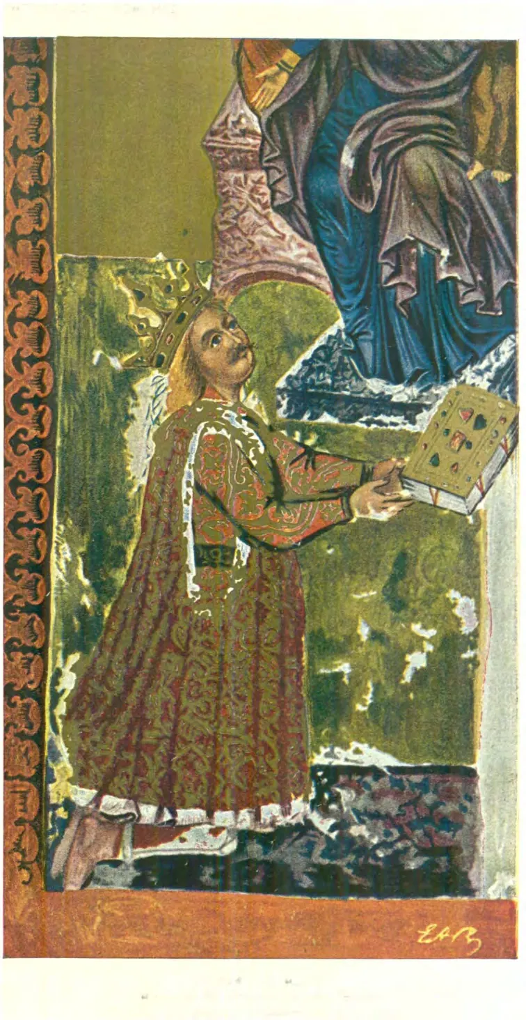 Ștefan cel Mare închinând Evanghelia Maicii Domnului, miniatura votivă din Tetraevanghelul de la Humor (1473).