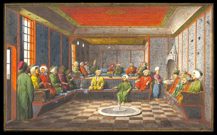 Acuarelă din 1809: clienți într-o cafenea turcească din Istanbul