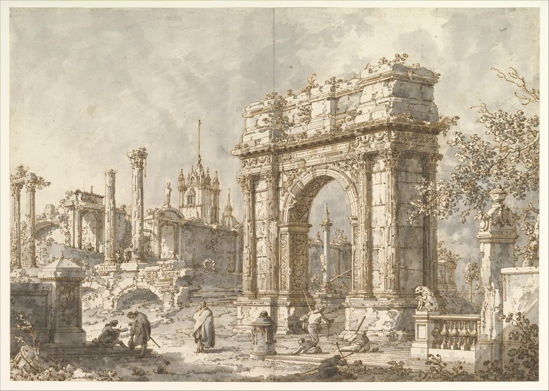 An architectural capriccio by Canaletto: an imaginary square with a triumphal arch