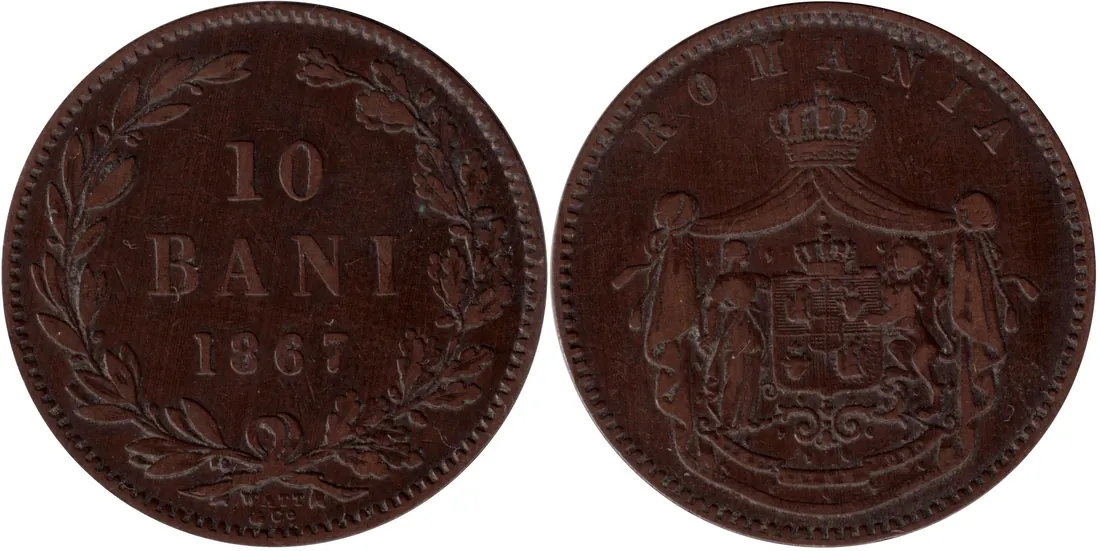 Monedă românească de 10 bani din 1867, avers și revers