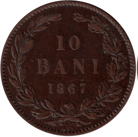 Monedă de 10 bani din 1867, cu valoarea și anul