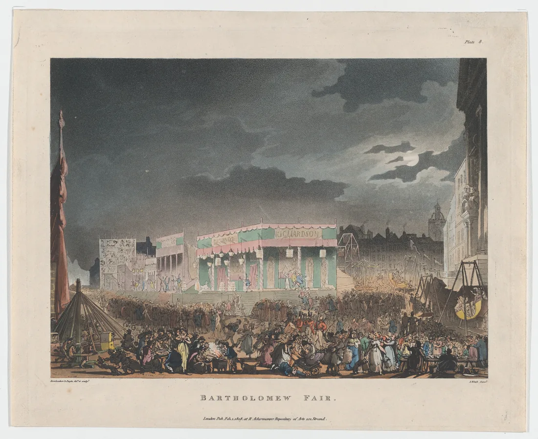 Bartholomew Fair at night with booths and crowds, 1808