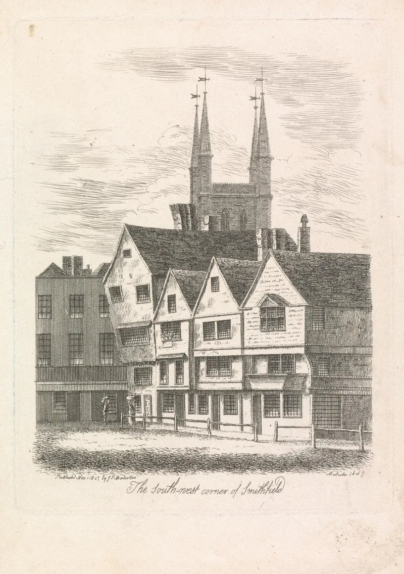 Engraving of old gabled houses and church spires at Smithfield, 1807
