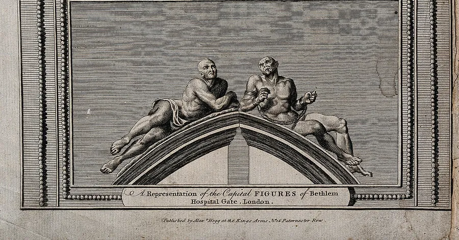 Raving and Melancholy Madness: the 1680 gate statues in a 1784 engraving (Wellcome Collection)