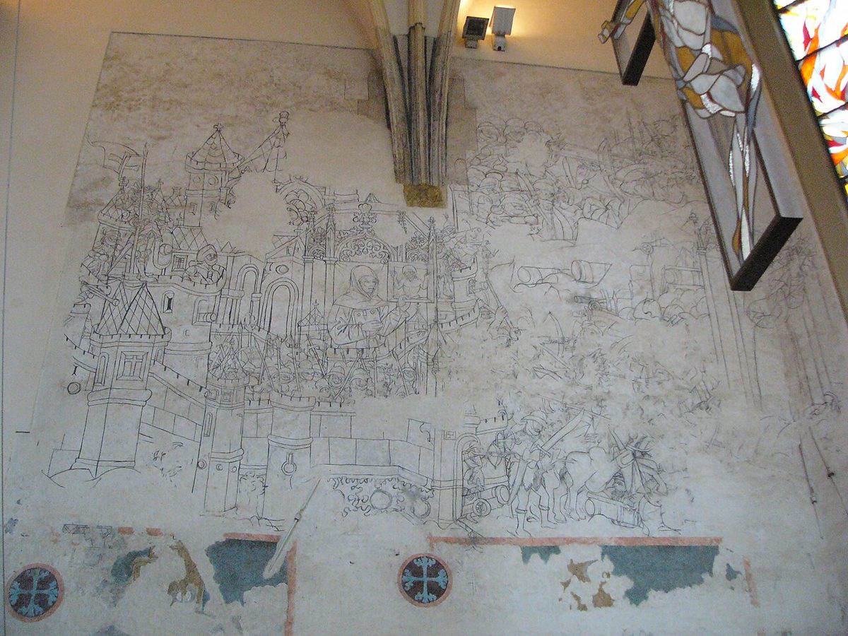 Frescă gotică a asediului la Olomouc, 1468 — probabil cea mai veche înfățișare a bătăliei; foto CC BY 4.0 de Michal Manas.