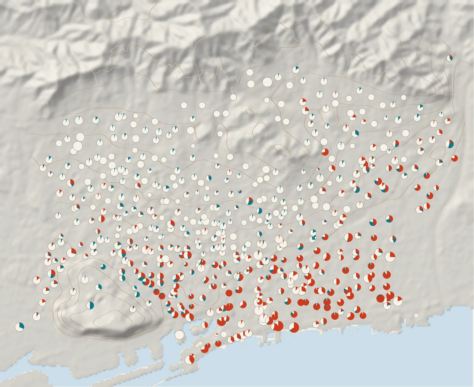 Mapa de Barcelona girat amb el mar a baix i la muntanya a dalt, amb totes les estacions del Bicing i les seves bicis. Lectura enregistrada el 16 d’octubre del 2026 a les 20:00.