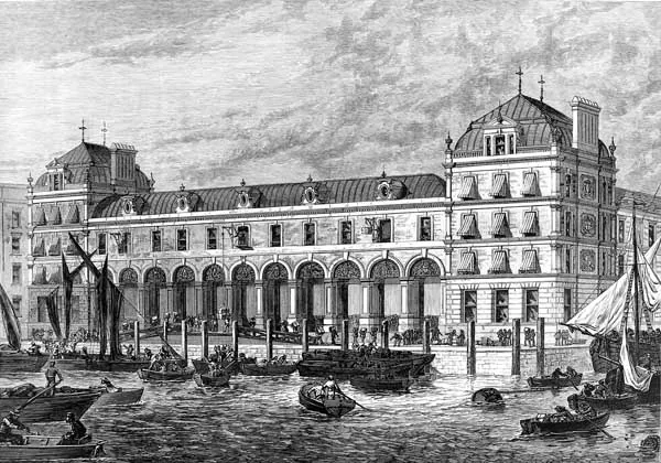 Gravură cu fațada halei cu arcade din 1876