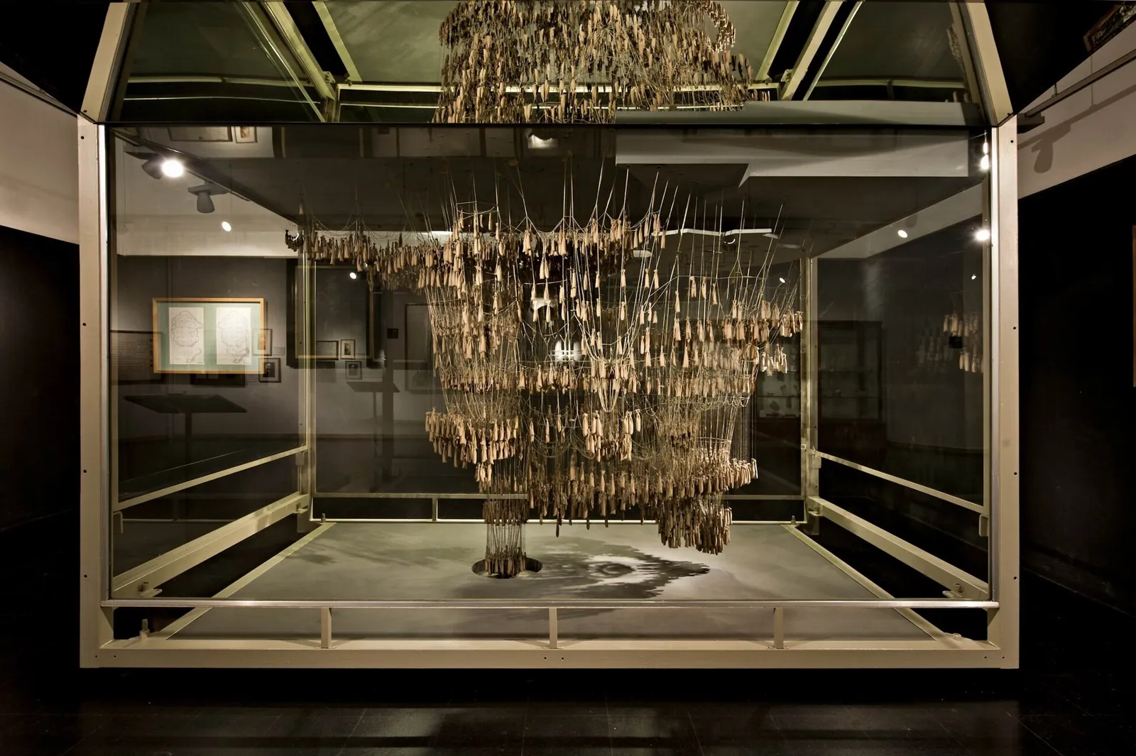 The string-and-sack model, rebuilt in 1982, in a display case at the Sagrada Família museum