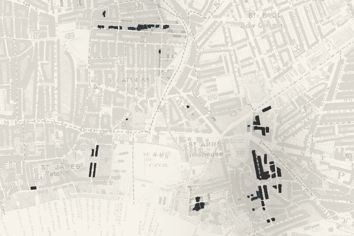 Detaliu din harta lui Booth, 1898–1899, în jurul zonei Limehouse: străzile cu negru în culoare, restul estompat.