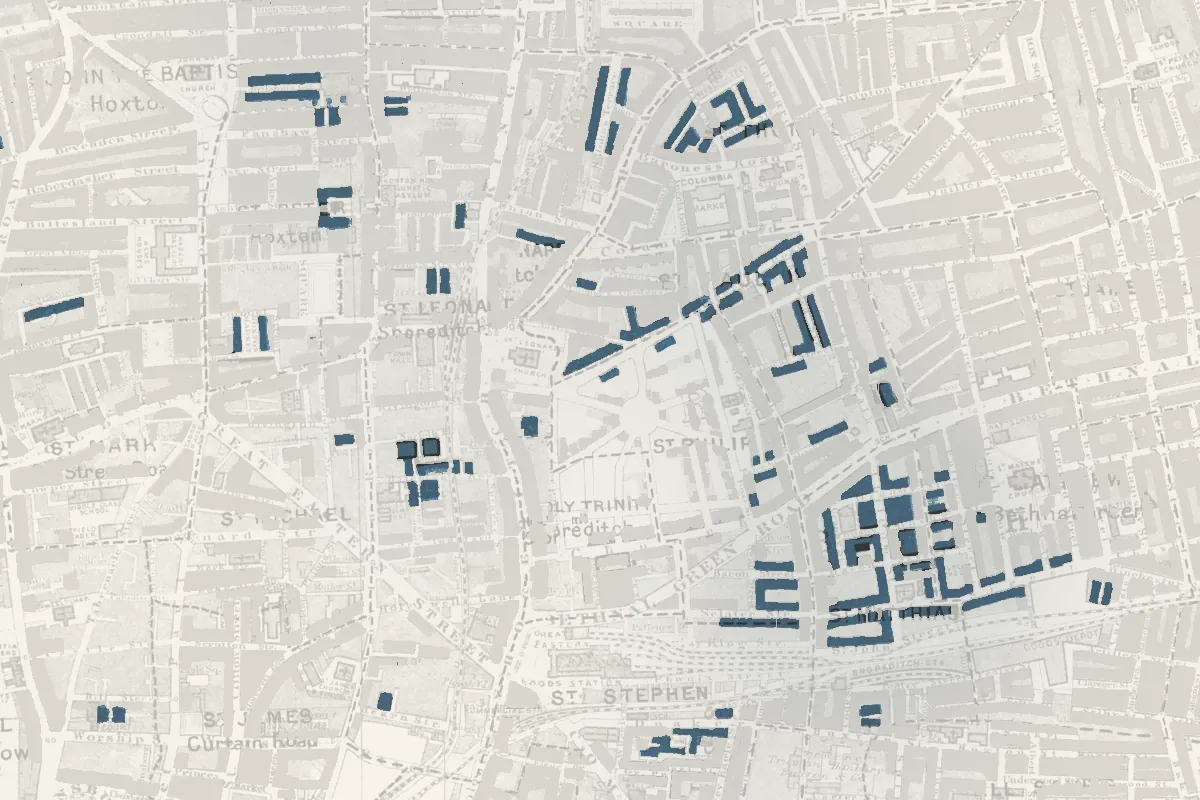 Detaliu din harta lui Booth, 1898–1899, în jurul zonei Shoreditch: străzile cu albastru închis în culoare, restul estompat.