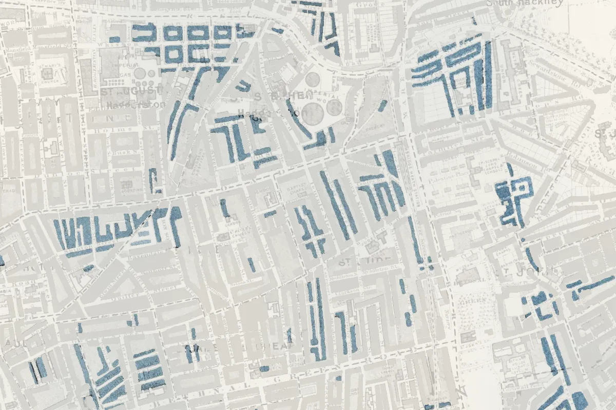 Detaliu din harta lui Booth, 1898–1899, în jurul zonei Bethnal Green: străzile cu albastru deschis în culoare, restul estompat.