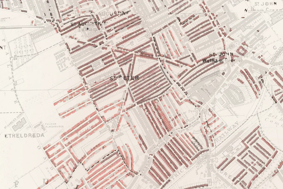 Detaliu din harta lui Booth, 1898–1899, în jurul zonei Fulham: străzile cu roz în culoare, restul estompat.