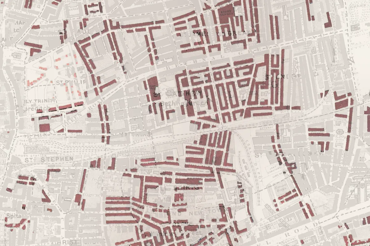Detaliu din harta lui Booth, 1898–1899, în jurul zonei Whitechapel: străzile cu violet în culoare, restul estompat.