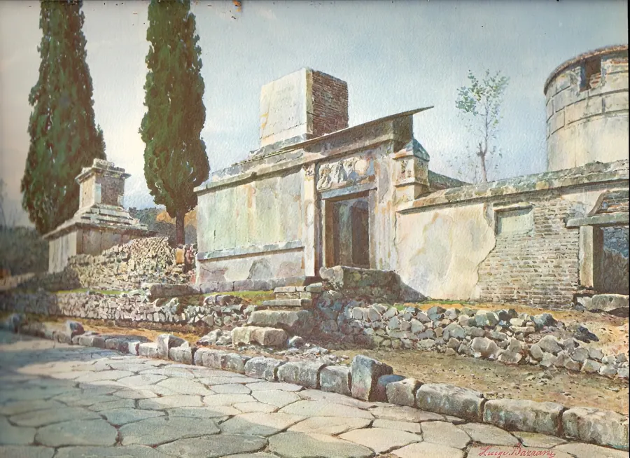 Watercolour of tombs in Pompeii’s necropolis