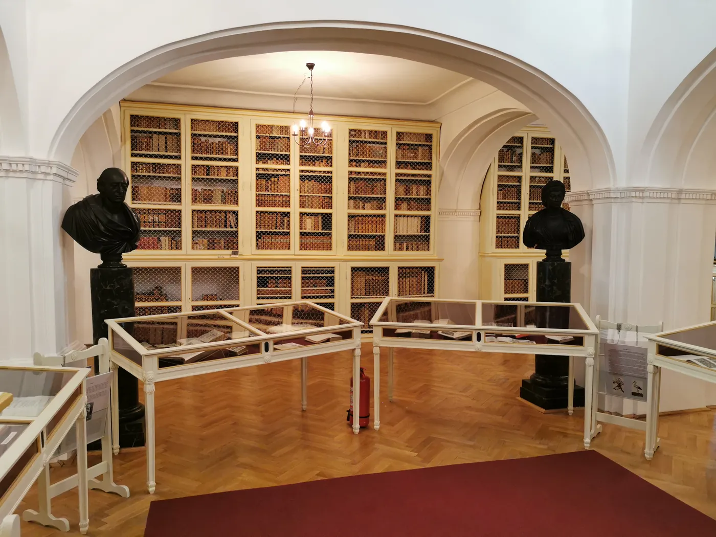 Camera memorială Bolyai, cu vitrine, rafturi cu cărți vechi și busturi