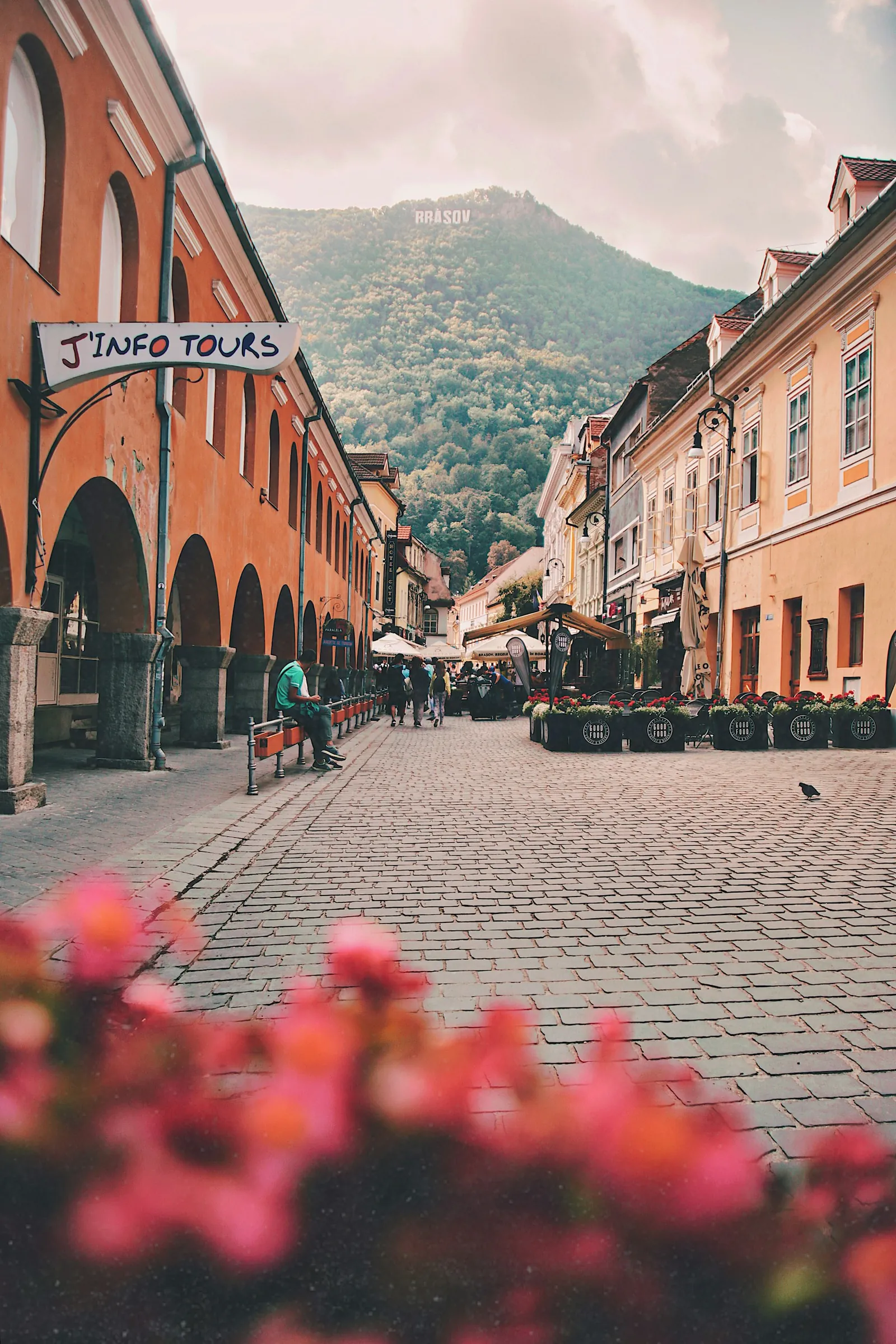 Apollonia Hirscher Street: the arcades of the Merchants’ House on the left, Tâmpa in the background and red flowers in the foreground