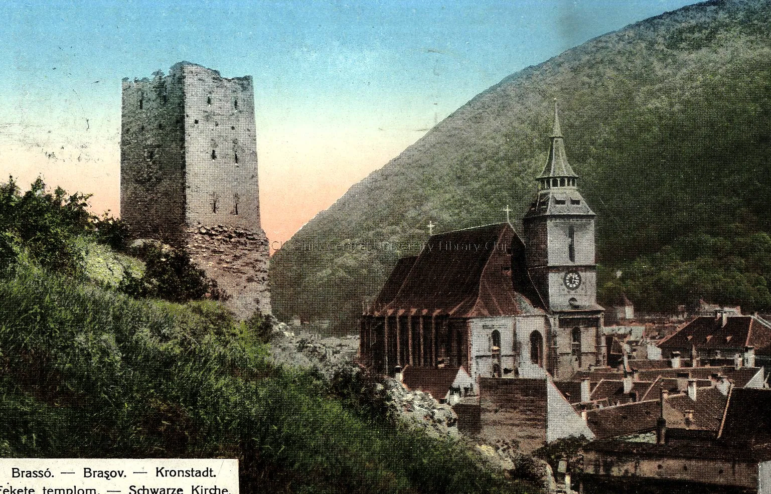 Colour postcard: a watchtower on a hill and the Black Church below it
