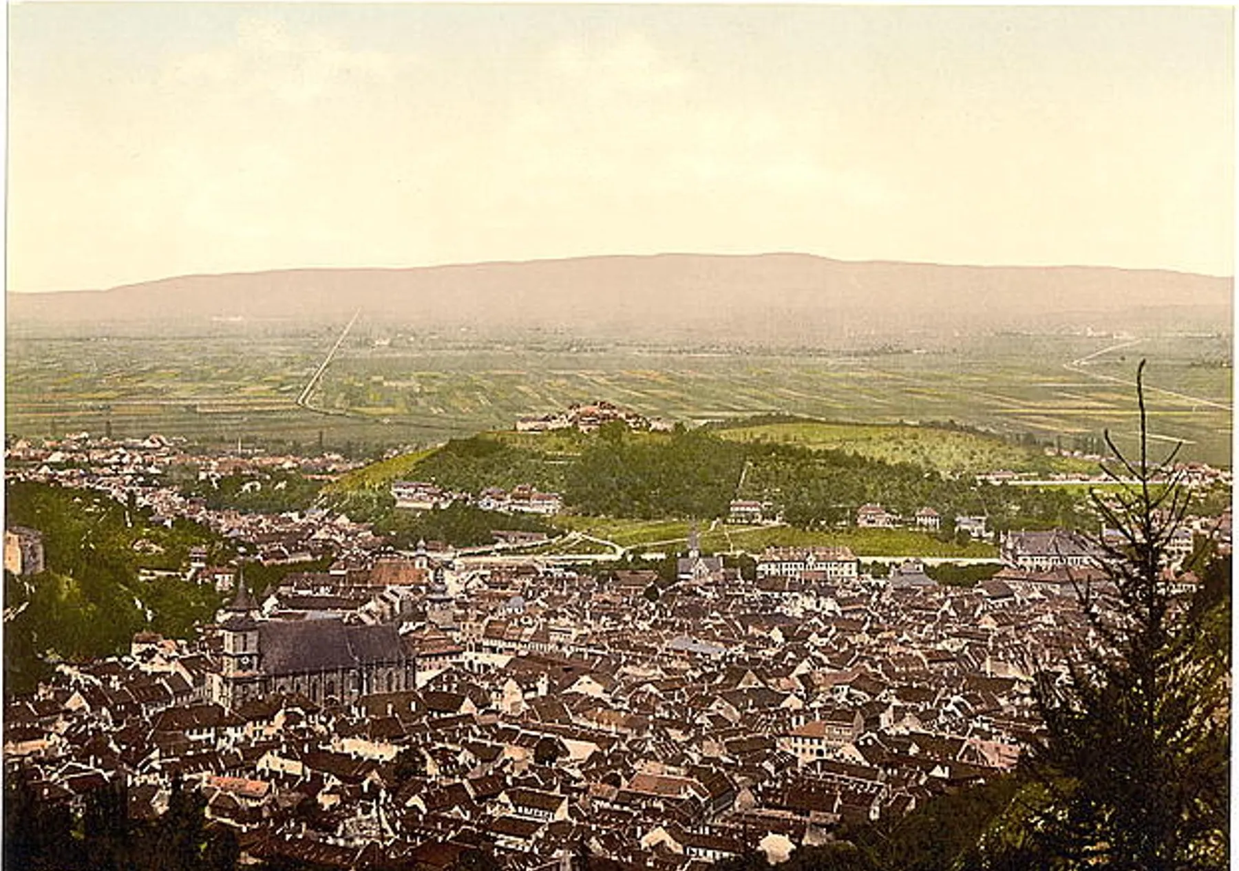Photochrom: the roofs of Brașov seen from above, with the Black Church and the plain of the Bârsa Land to the horizon