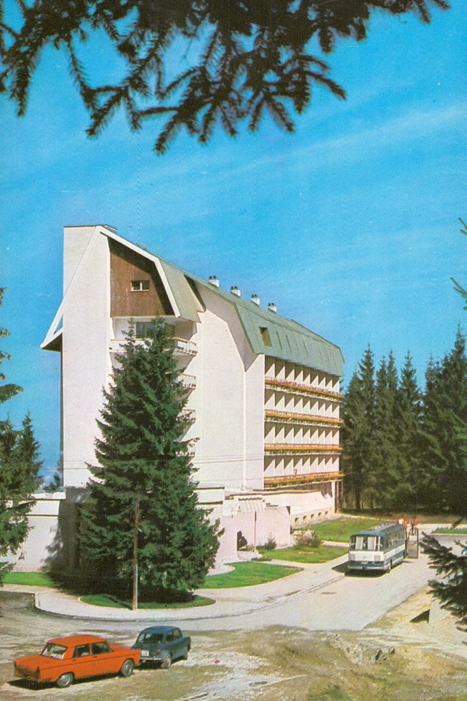 Carte poștală color: hotel înalt alb printre brazi, cu două mașini portocalii și un autobuz în parcare