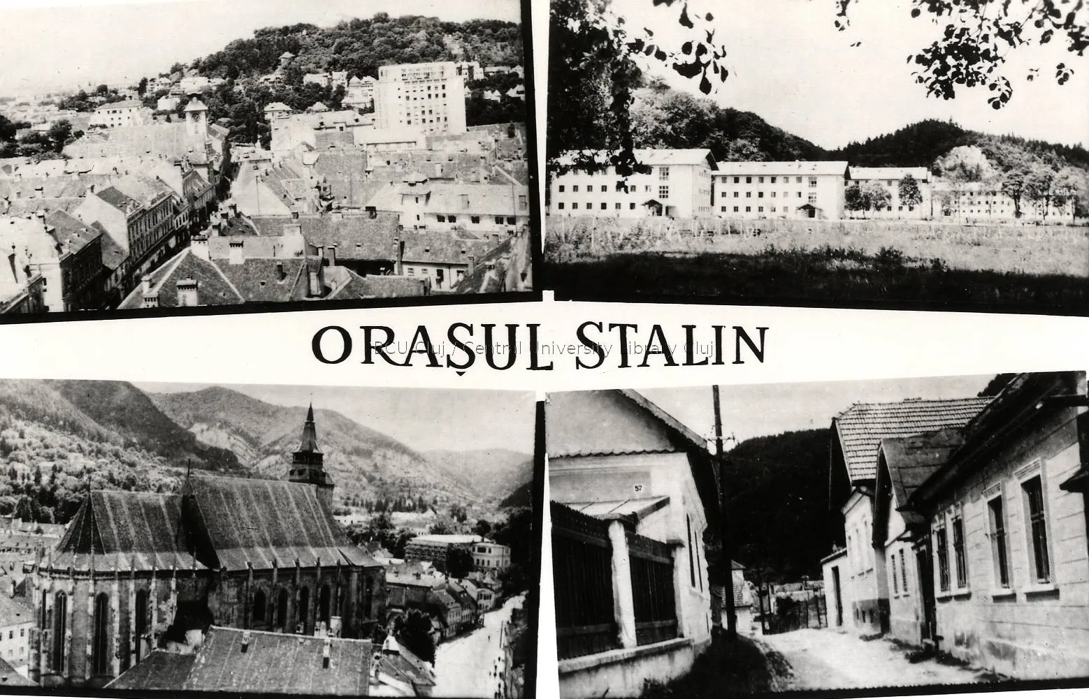 Illustrated collage card with four images and the title ORAȘUL STALIN