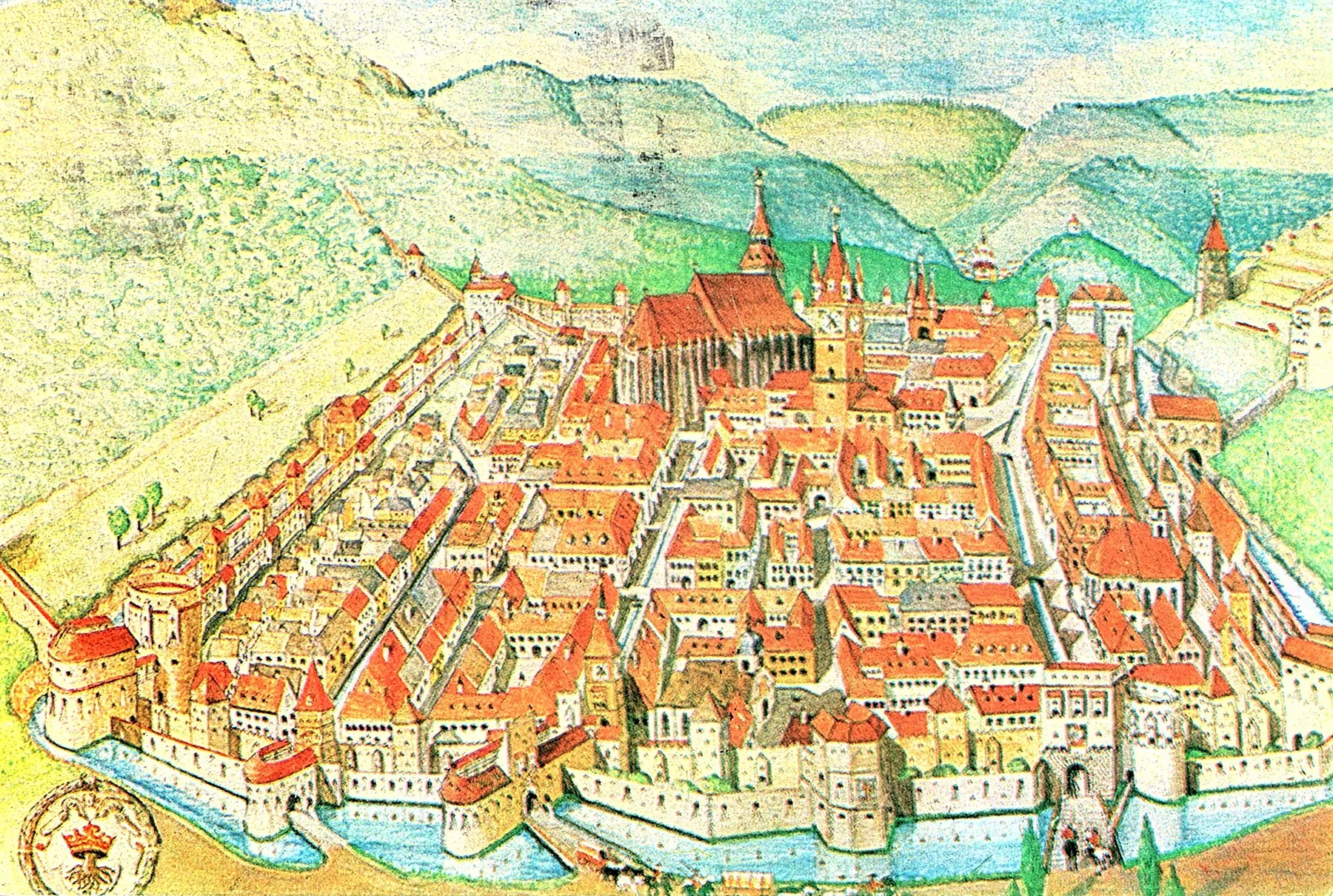 Desen colorat: cetatea Brașovului văzută de sus, cu ziduri, bastioane, case cu acoperișuri roșii și Biserica Neagră în centru