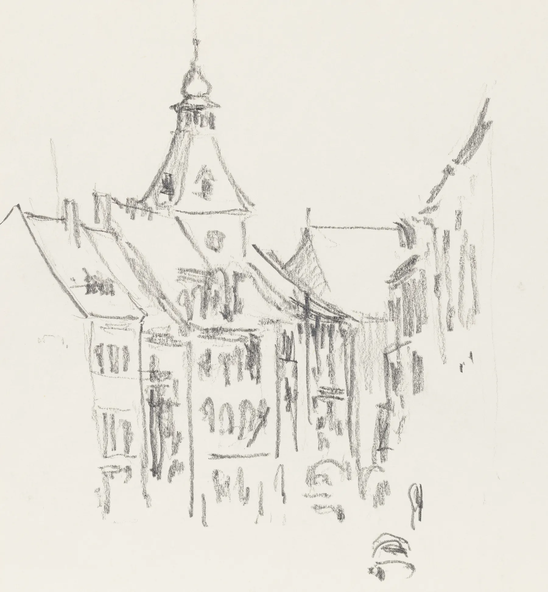 Pencil sketch: a clock tower and the façades of some houses