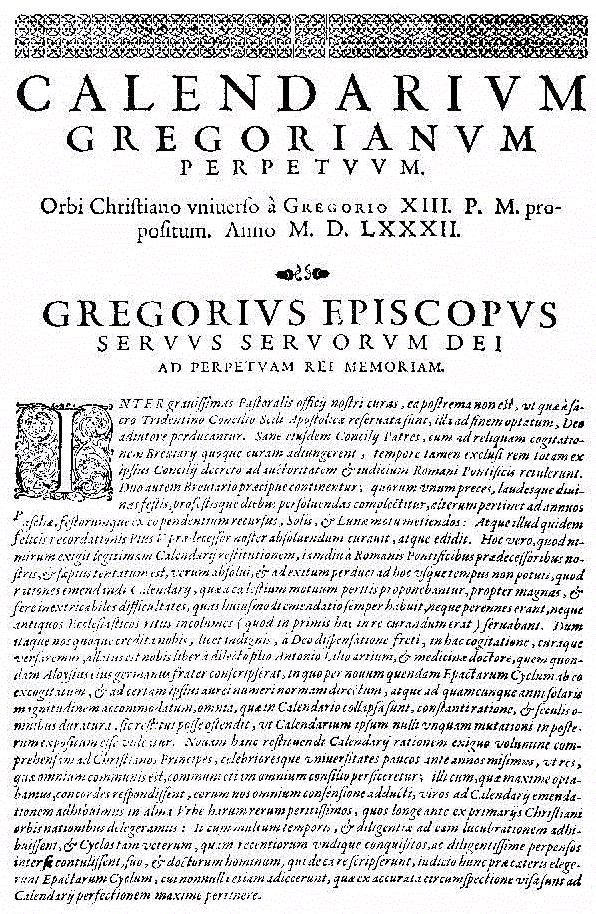 Prima pagină din Inter gravissimas, 1582.