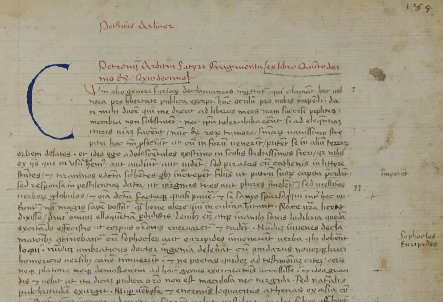 Pagină de manuscris medieval cu fragmente din Satyricon