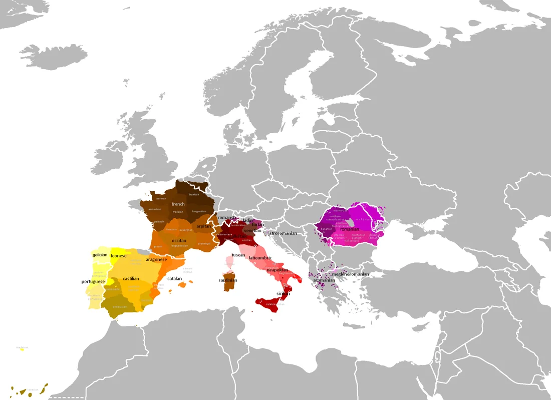 Hartă a limbilor romanice din Europa
