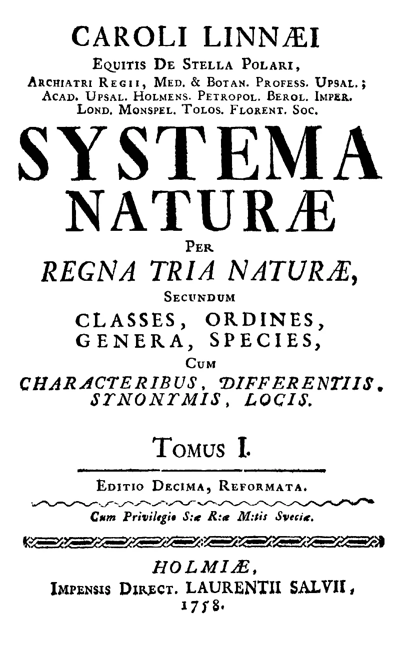 Pagina de titlu a Systema Naturae, ediția 1758
