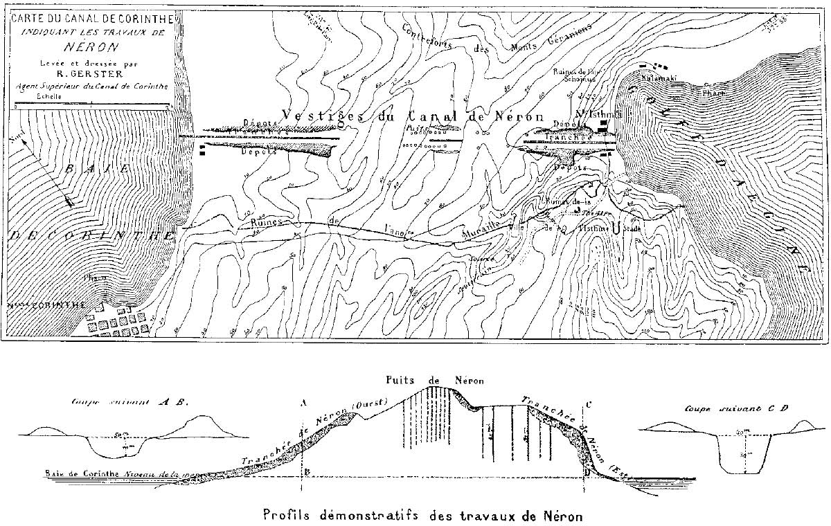 Planșa din 1881 a lui Béla Gerster: hartă și secțiuni ale tăieturilor atribuite lucrărilor lui Nero.