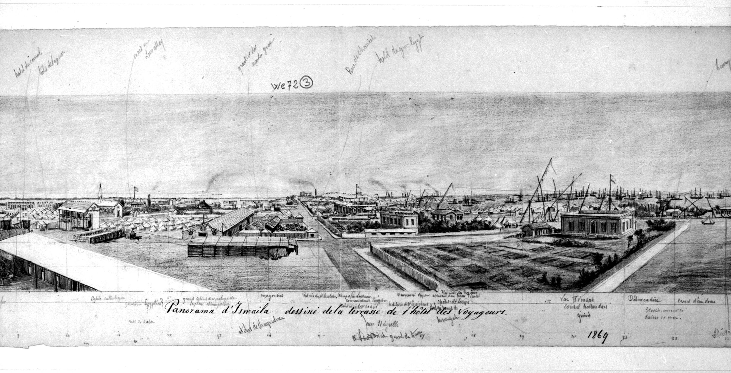 Panoramă desenată a Ismailiei și a canalului, cu inscripția «Panorama d’Ismaila … 1869».