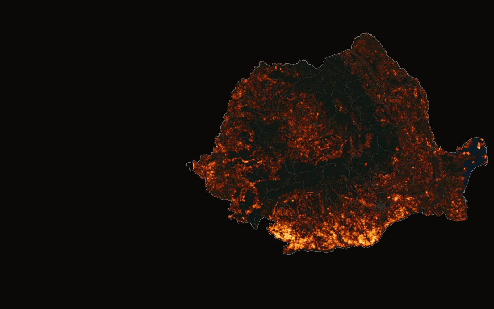 România, cu detecțiile de foc de pe câmp înregistrate din satelit între 2012 și 2025 ca puncte de lumină