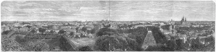Panoramă veche a Bucureștiului, cu biserici și case joase de-a lungul unei ape