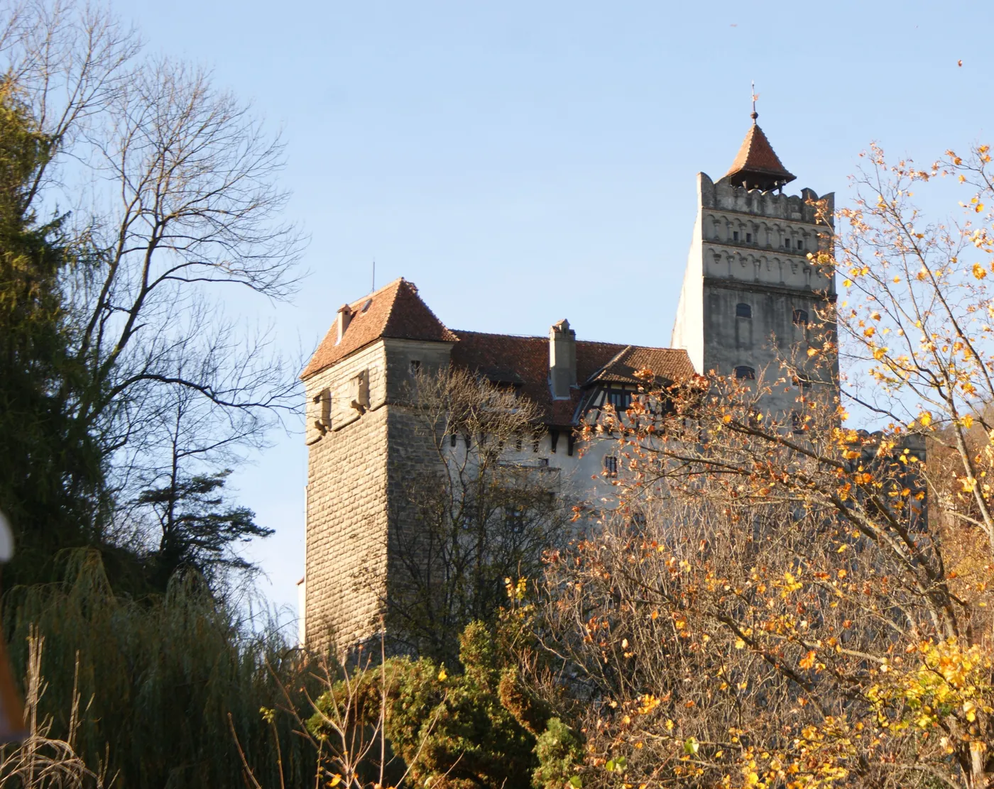 The walls and towers of Bran Castle, seen from close by.