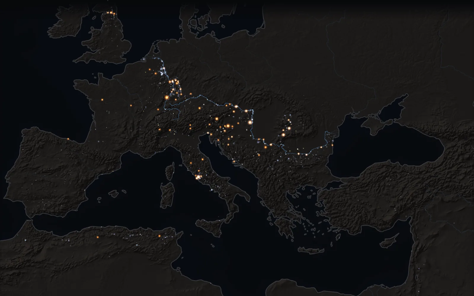 The Roman world around the year 200, with the stones of Mithras as lights